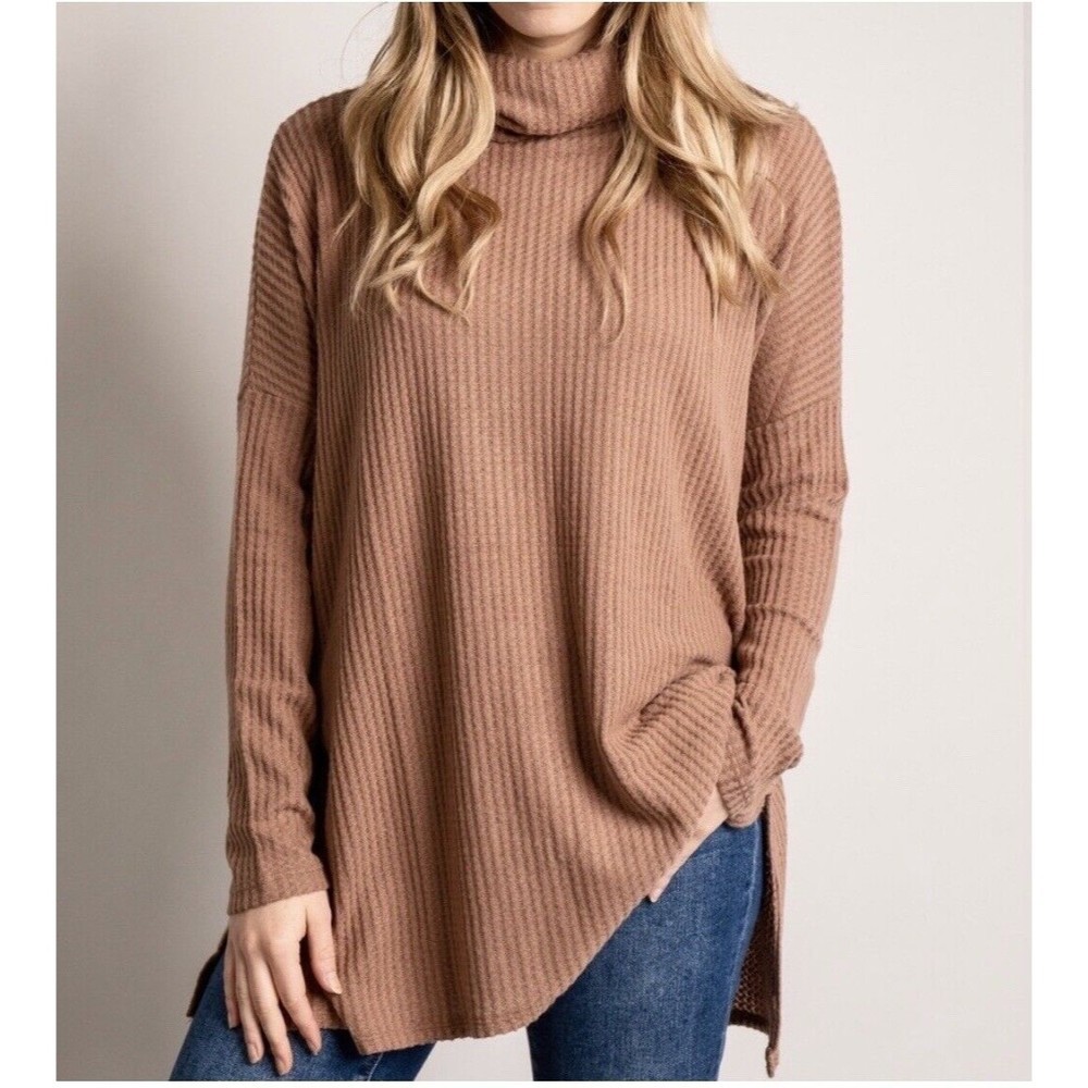 Zenana Thermal Waffle Knit Cowl Neck Hi-Low Tunic Oversized Sweater Cocoa Rayon
